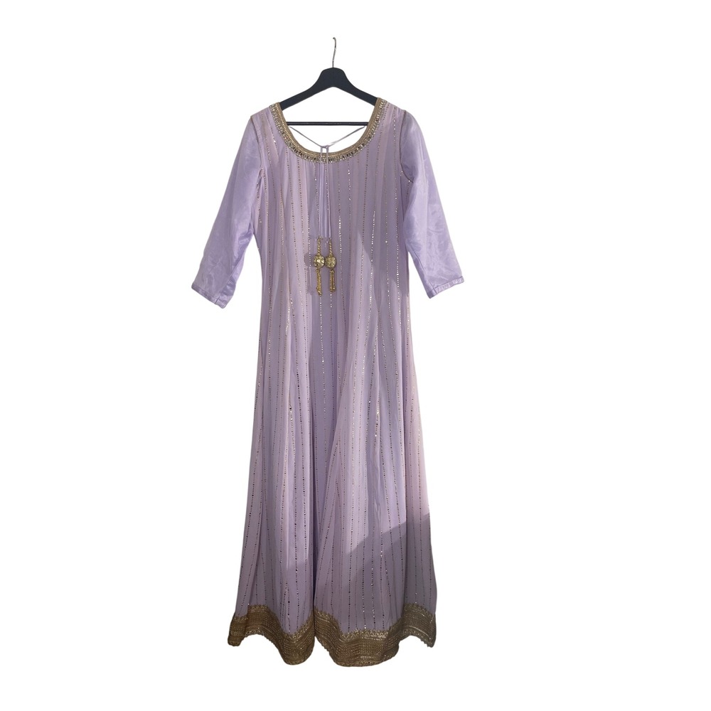 Unbranded Anarkali Dress Women M Lavender Purple Good Gold Foil Mirror Trim